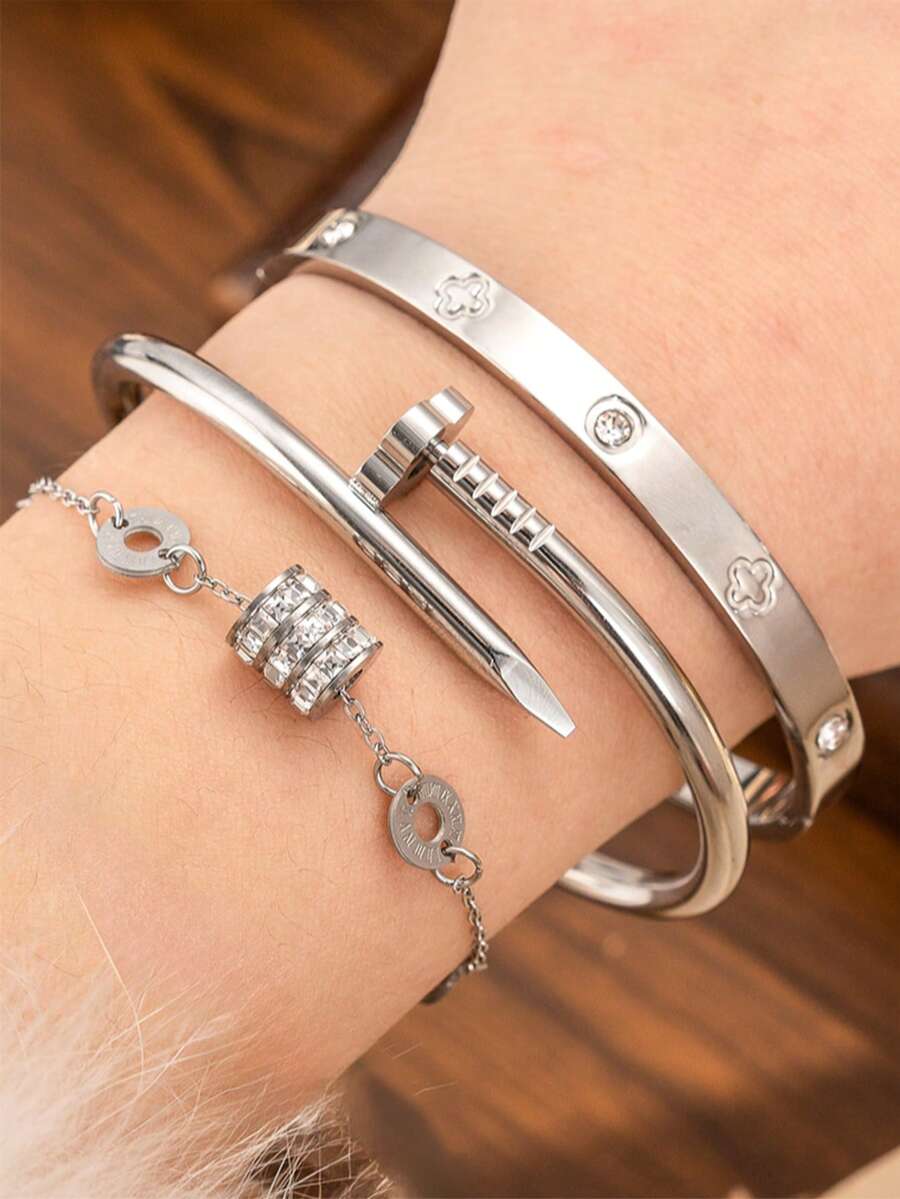 3/1pc Minimalist Retro Stainless Steel 4-Leaf Flower Bracelet, Roman Numeral Bracelet Jewelry Set For Women, Non-Fading, Can Be Stacked Or Worn Alone, Suitable For Daily Wear, Engagement, And Various Occasions - Silver - View 1