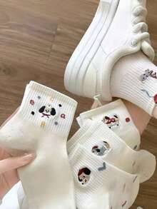 4 đôi tất thể thao thường ngày in hình chú chó hoạt hình màu trắng ngẫu nhiên, thoáng khí và thấm hút mồ hôi. - Nhiều màu - Xem 3