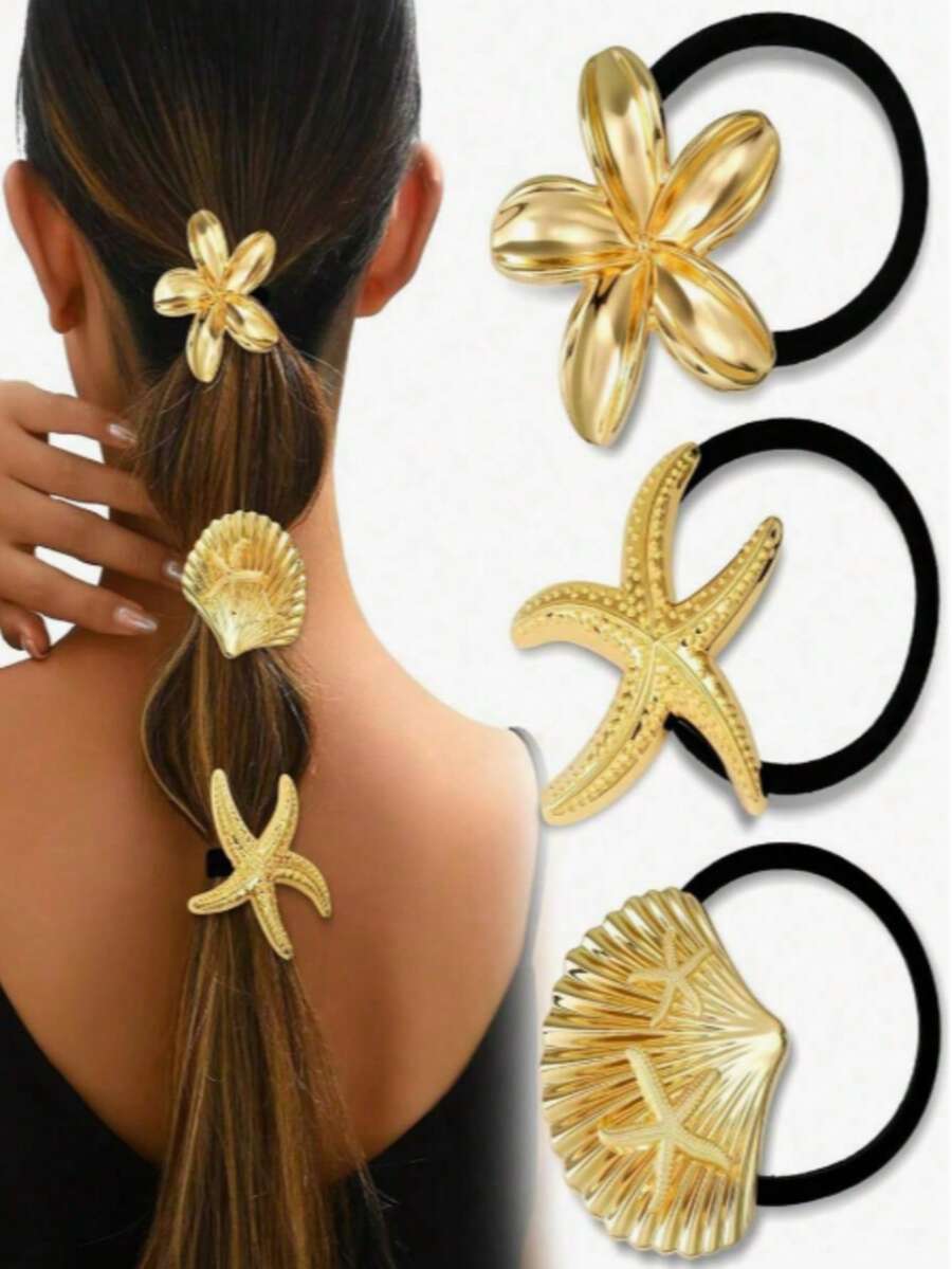 1 Bộ Dây Buộc Tóc Hình Sao Biển và Hoa Thời Trang, Dây Buộc Tóc Kim Loại Không Đường May Thanh Lịch, Phụ Kiện Tóc - A - Xem 1