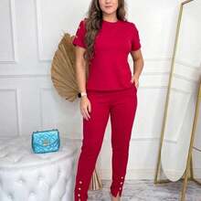 Women's Super Elegant Jacquard Pants And Blouse Set - Red - View 1