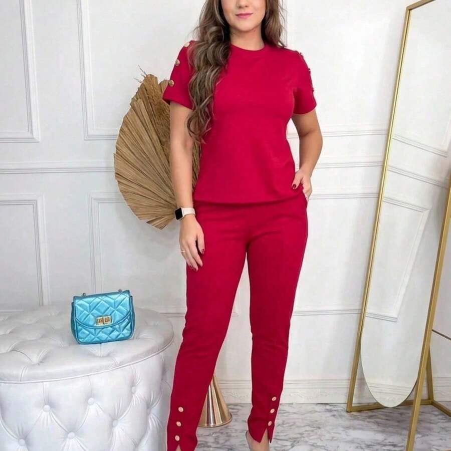 Women's Super Elegant Jacquard Pants And Blouse Set - Red - View 1
