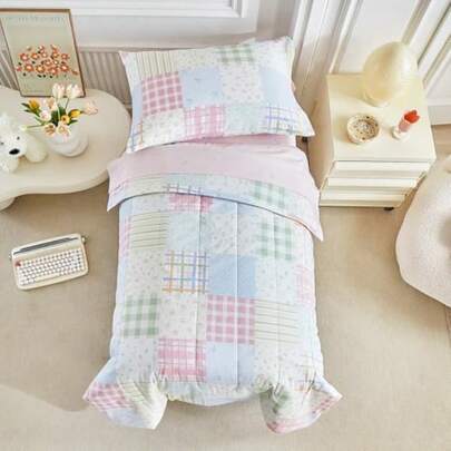 Joyreap - Juego de ropa de cama de algodón de 4 piezas para niños diseño de cuadros de cuadros juego de edredón para niñas incluye edredón acolchado sábana bajera sábana superior y funda de