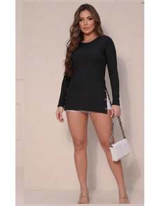 Long-Sleeved Blouse With Ribbed Cuffs And Button-Up Detail, Perfect For Covering Your Buttocks. - Negro - Ver 2