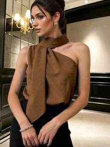 Satin One-Shoulder Blouse With Elegant Butterfly Knot Tie At The Neck, Perfect For The Office. - 鏽棕色 - 查看 4