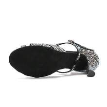 7.5cm Cuban Heel Professional Women's Latin Dance Shoes, Comfortable Soft Sole Salsa Tango Training Shoes, Non-Slip Durable Indoor Party Sandals, Women's Silver Wedding Shoes With Sparkling Rhinestones - Black - View 4