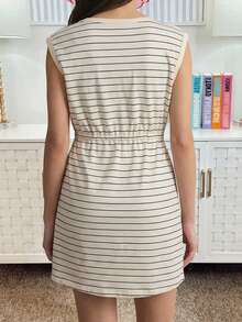 Acelitt Vestido mini con capucha con cordón, sin mangas y con bolsillos, a rayas en beige - Multicolor - Ver 2