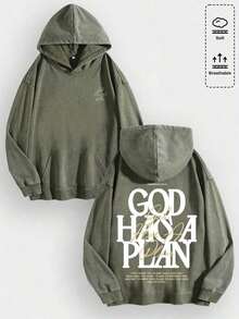 1pcsMen's Unisex "God Has His Plans - Faith Enlightenment" Printed Cotton Hoodie, Vintage Casual Fashion Daily Soft Warm Hoodie, Suitable For Streetwear And Spiritual Aesthetic Enthusiasts, Men's Winter Clothing - 軍綠色 - 查看 17