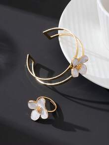 1 Set Handmade White Floral Resin Bangle & Ring Jewelry Set, Romantic Gentle Resort Style - White - View 4
