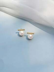 时尚小巧的一体式珍珠耳钉，925纯银针，18K镀金，简约优雅百搭耳环 - 灰色 - 查看 6