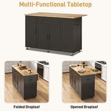 59" Rolling Kitchen Island Table With Power Outlet, Drop Leaf - Mobile Cart With Hidden Trash Cabinet & Towel Rack - Black - View 7