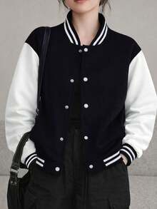 1 Pc Teen Girls Loose Fashionable Outdoor Sports Casual Fleece Baseball Jacket, Versatile Autumn/Winter - Black - View 4