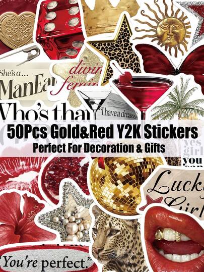 50pcs Gold&Red Y2K Girls Sticker Waterproof PVC Sticker For Water Bottles, Scrapbooks, Skateboards, Luggage & Laptops, Ideal Gift & DIY Decoration Decals