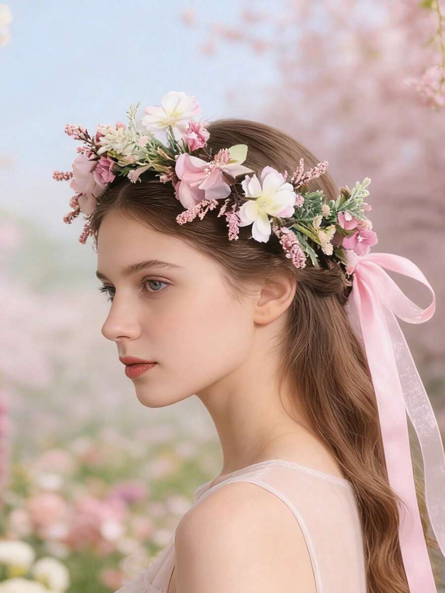 1件女孩花環髮箍,仿真抓褶玫瑰花苞、繡球花、海棠花花頭,適合海灘與攝影,優雅兒童髮飾,附可調節緞面絲帶 - 粉色 - 查看 1