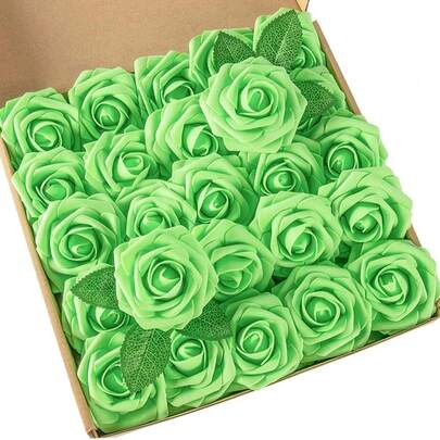 5/10/15/20/25/30 piezas Flores artificiales realistas de espuma verde hadas Rosas falsas con tallos para ramos de boda DIY, centros de mesa para despedida de soltera, decoración floral verde salvia, decoración del hogar (empaque en bolsa de OPP, sin caja)