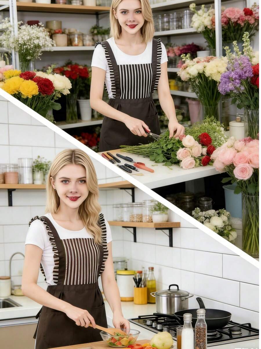 New Version Floral Trim Apron, Fashionable Striped Bib With Adjustable Shoulder Straps, Minimalist Ruffled Waist Apron For Women, Suitable For Flower Shop, Restaurant, Kitchen, Cafe, Art Studio, All Seasons - A - View 1