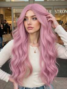 26 Inch Big Wavy Curly Pink Long Wig For Women, Heat-Resistant, Suitable For Daily Wear. - Pink - View 4