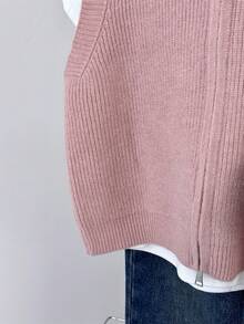 秋冬新款罗纹针织背心，咖啡色，无袖，双拉链，休闲通勤叠穿必备粉色 - 粉色 - 查看 4