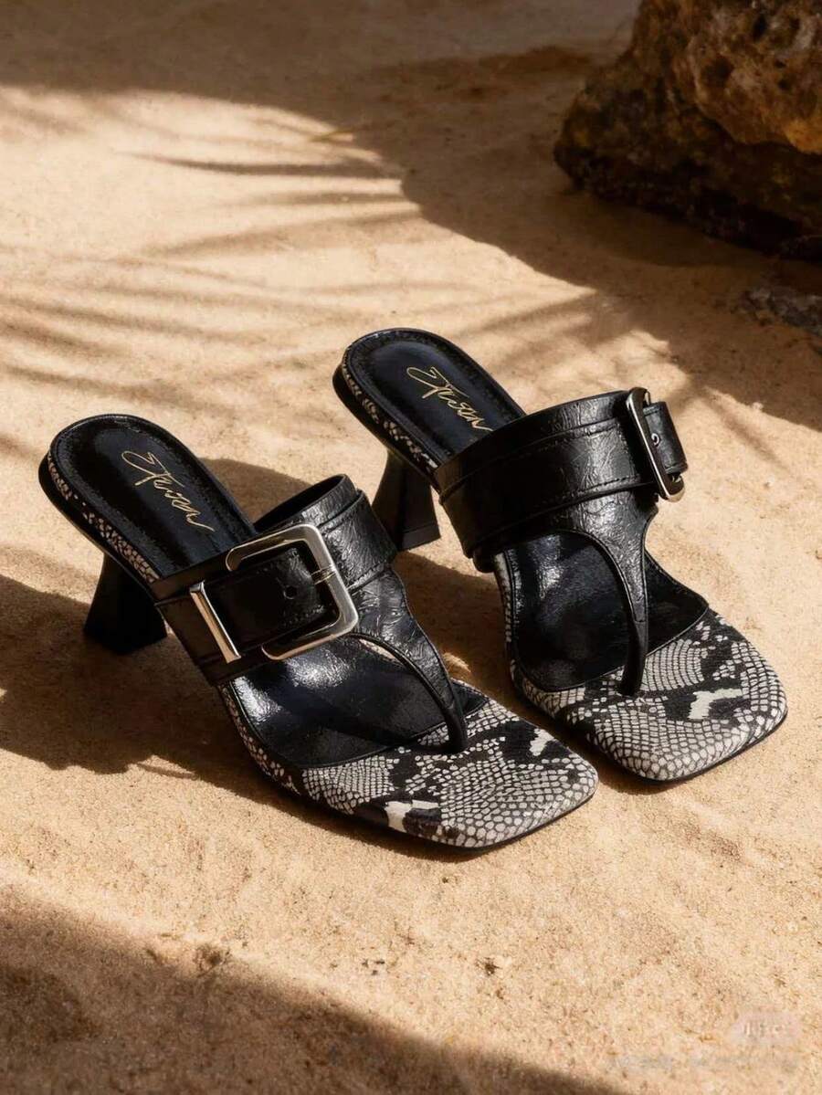 Women's Niche Design Thong Sandals, New Arrival Alligator Texture Thin Heel Slip-On Slippers - Black - View 1
