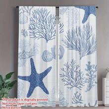2pcs Ocean Coral & Starfish Printed Curtains, 2D Digital Printing, Blue Seaweed, Seashell And Starfish Printed On White Textured Background, Ocean Theme Design, 100% Polyester Sheer Curtain, No Lining, Suitable For Living Room, Bedroom And Beach House Decor - Multicolor - View 1