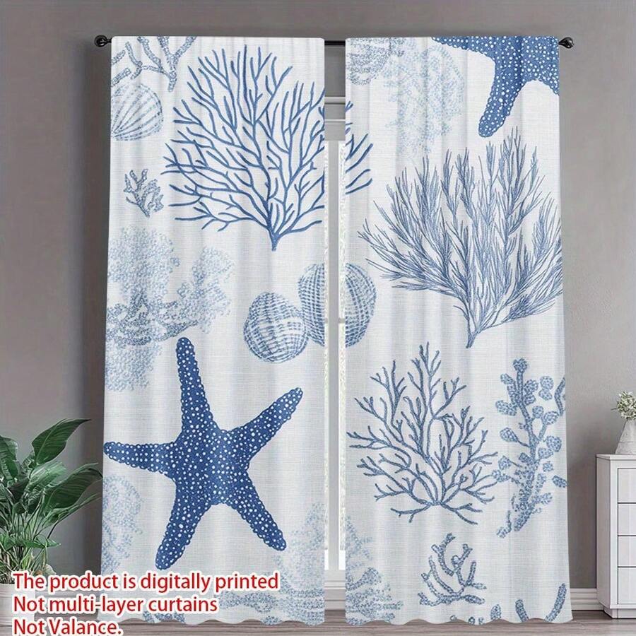 2pcs Ocean Coral & Starfish Printed Curtains, 2D Digital Printing, Blue Seaweed, Seashell And Starfish Printed On White Textured Background, Ocean Theme Design, 100% Polyester Sheer Curtain, No Lining, Suitable For Living Room, Bedroom And Beach House Decor - Multicolor - View 1
