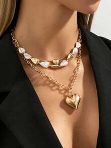 3件套波西米亚几何不对称CCB串珠心形吊坠项链，奢华优雅休闲日常、派对、情侣约会、女士节日生日百搭珠宝礼物 - 項鍊 - 查看 1