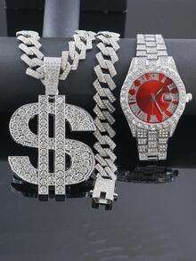 1 Set Dollar Sign Fully Paved Pendant 15mm Rhombus Cuban Link Necklace & Bracelet, Men's Red Dial Watch, Hip Hop Style Accessories Set For Men - Red - View 15