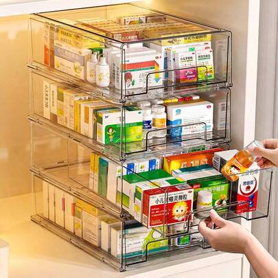 1 hộp đựng thuốc trong suốt, hộp kéo ra để đựng thuốc, vitamin và vật tư sơ cứu, hộp đựng đồ y tế có thể xếp chồng lên nhau cho tủ phòng tắm gia đình.