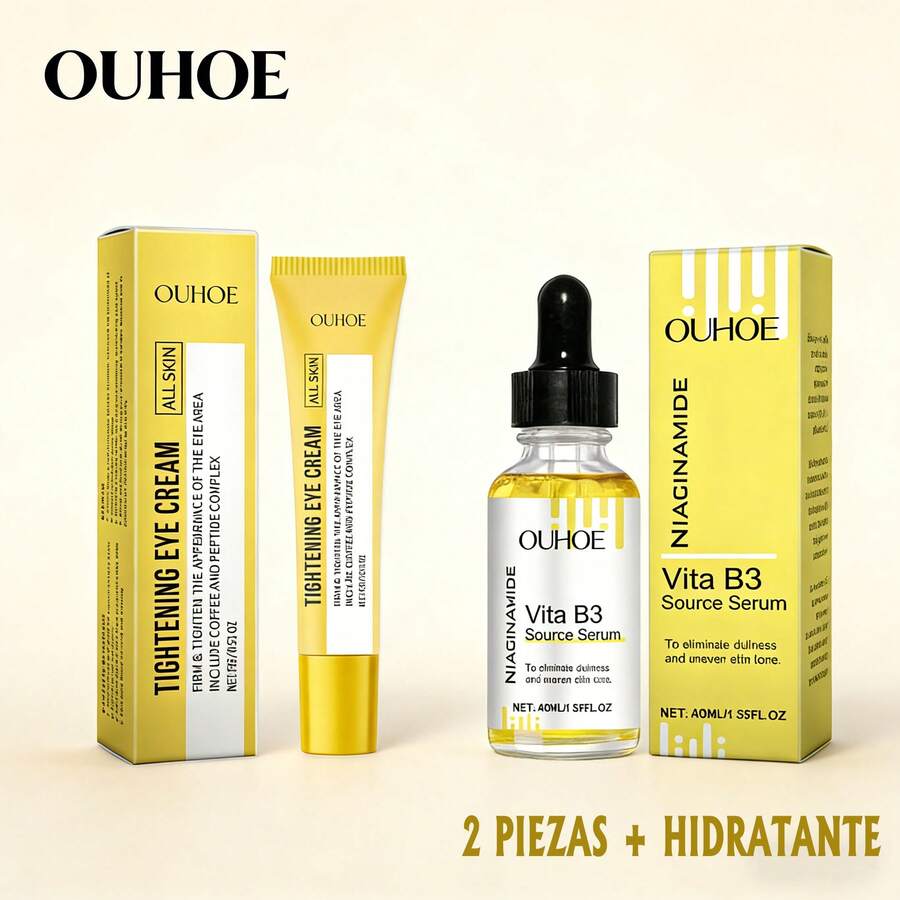 OUHOE Set de Cuidado Facial y Ojos 2 Piezas - Crema para Ojos Reafirmante Anti Ojeras con Café y Péptidos + Suero Vita B3 Niacinamida Hidratante, Reduce Bolsas, Arrugas y Piel Apagada, Unifica Tono Desigual, Ideal para Piel Cansada por Falta de Sueño, Skincare Diario para Hombres y Mujeres, Todo Tipo de Piel - Set Ojos + Suero Facial 2 Piezas - Ver 1