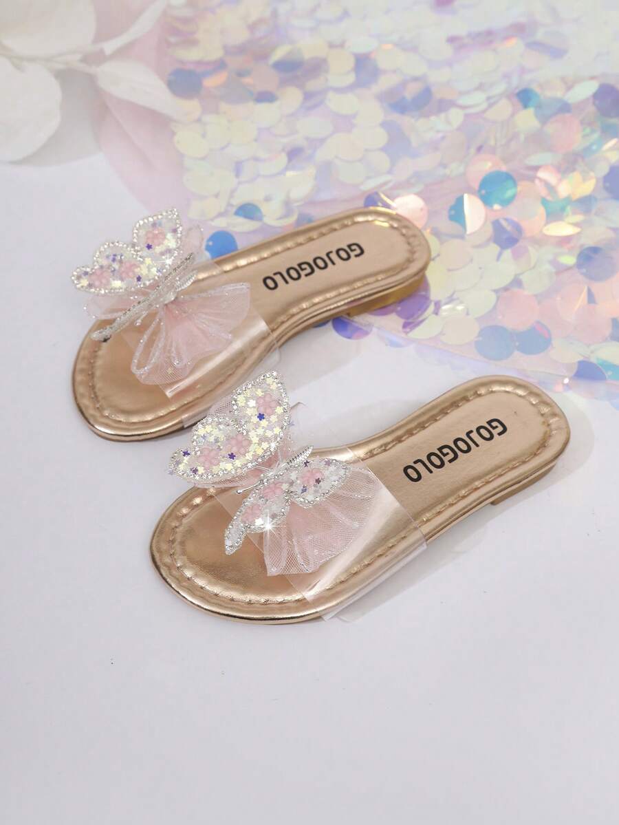 儿童时尚拖鞋，新款夏季圆头蝴蝶结设计时尚女童沙滩拖鞋 - 香檳色 - 查看 1
