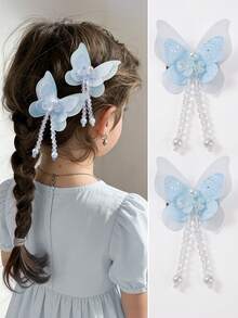 2pcs/Set Girls/Teens Light Blue Sequin Double-Layer Faux Butterfly Hair Clips, Cute Pearl Flower Side Bangs Hairpins, Everyday Use - Baby Blue - View 8