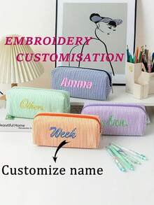 Customizable Pencil Pouch: Introducing Our Brand-New, Large-Capacity Striped Pencil Case And Organizer For Students. Personalize It With Custom Text-Whether It'S A Name, Zodiac Sign, Anniversary Date, Or Other Special Details. This Simple, Stylish, And Multifunctional Pouch Is Perfect For School, Daily Office Work, Outdoor Sketching, And More-An Absolute Must-Have For The Back-To-School Season - Multicolor - View 3