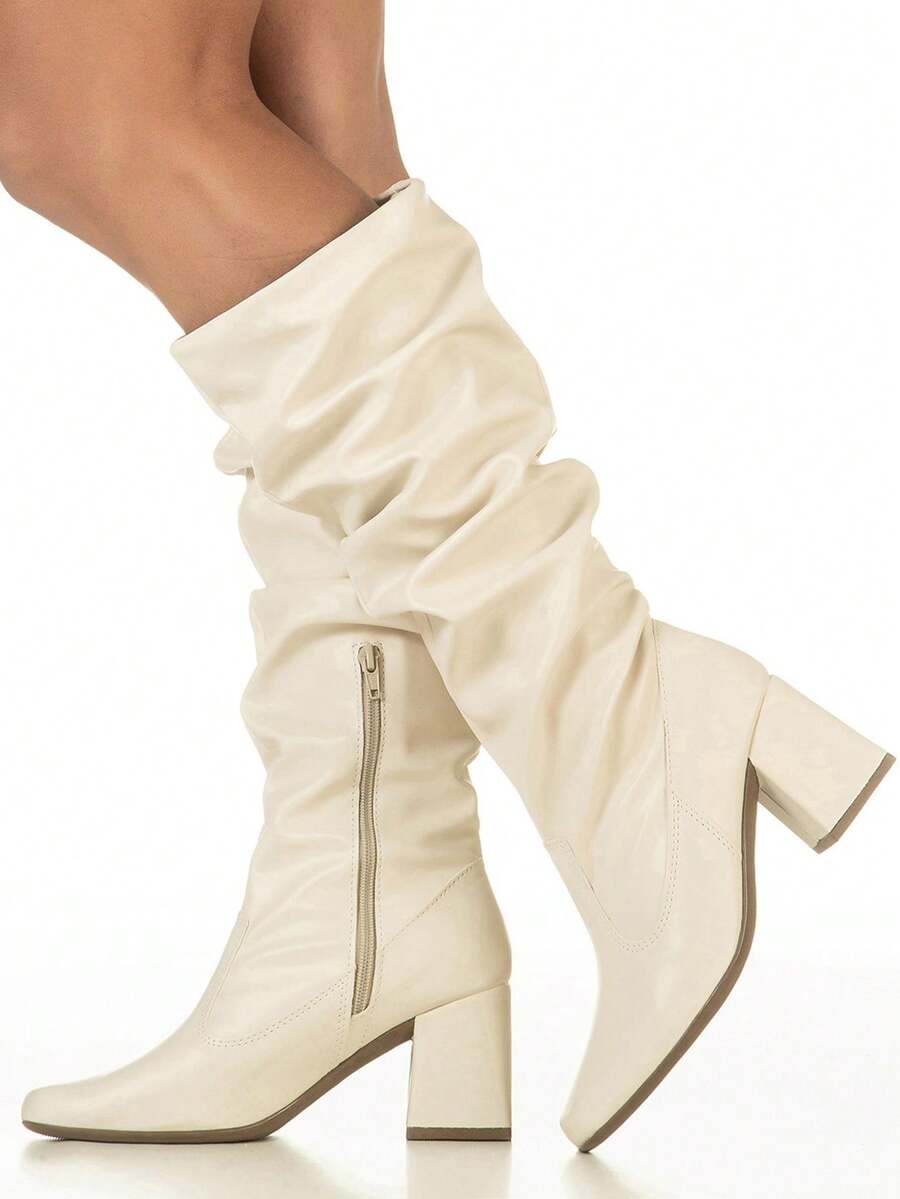 Women's High-Top Boot With Slouch Detail, Square Toe, And Block Heel - Stylish And Fashionable By GiGiL - 白色 - 查看 1