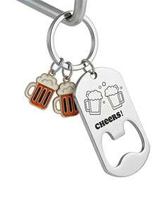 1pc Stainless Steel Engraved Metal Keychain Bottle Opener, Wine Glass & Bottle Design, Birthday, Christmas, Father's Day Gift - Multicolor - View 4