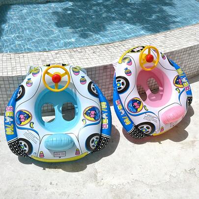 1pc Kids Inflatable Swimming Pool Seat, Cute Floating Swim Ring Chair, Children Learning Swimming Pool Bathtub Inflatable Car/Boat Shaped Swim Ring, Underarm Floating Ring, Summer Swimming Patrol Boat With Steering Wheel, Pink/Blue