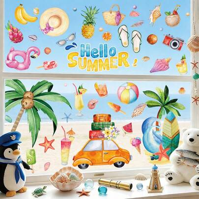 4 hojas de pegatinas de ventana con diseños de playa de verano, frutas tropicales y decoración hawaiana, hechas de PVC para decorar el hogar, la habitación, el aula o fiestas