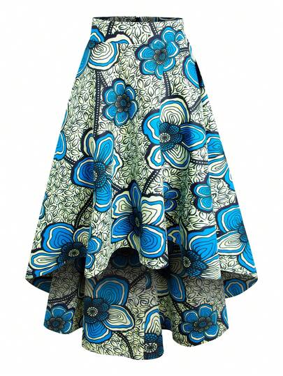 African Batik Blue Floral Pattern Women's High-Low Zipper Skirt
