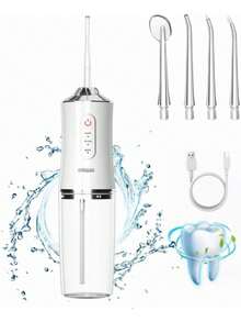 Irrigador bucal eléctrico, diseño inalámbrico, 3 modos, 4 boquillas, limpia los dientes, portátil, recargable, práctico para enjuagar las amígdalas, ideal para viajar, un regalo de cumpleaños estupendo. - Blanco - Ver 9