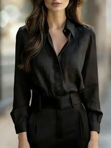 女士时尚亚麻翻领衬衫，公主袖长袖办公通勤优雅上衣，百搭显瘦设计 - 黑色 - 查看 5