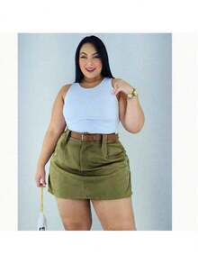 Short Skirt Plus Size Tailored With Belt Various Colors Summer - Verde Oscuro - Ver 2