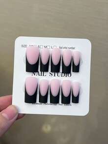 10片/盒 Y2K 奢华手工中号方形乳白色法式美甲贴片，加厚甲片，内含1片果冻胶和1片指甲锉，手工美甲，适合女性和女孩日常派对和聚会使用。 - 黑色 - 查看 5
