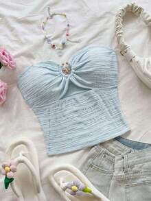 Top de mujer con textura, estilo de vacaciones, decoración de botón con estrella de mar de metal, diseño calado para el verano - Celeste - Ver 6