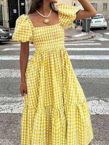 2026 Spring & Summer Women's Plaid Elegant Bohemian Casual Puff Sleeve Ruffle Hem Pleated Coffee Color Dress, Women's Concert Outfit, Street Style, Women's Valentine's Day Outfit - Màu vàng - Xem 13