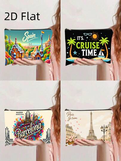 A Makeup Bag Featuring A Design To The Eiffel Tower In Paris, Portable And Foldable, With A Zipper Closure. It'S Suitable For Friendship, Birthdays, Valentine'S Day, Graduation Ceremonies, Holiday Gifts, Travel Storage,1 Makeup Bag, Roaming In Barcelona, A Stylish Wallet With A Zipper, A Snack Bag For Work, A Skincare Storage Pouch, A Makeup Bag With Double-Sided Printed Patterns - A Stationery Storage Bag For Students