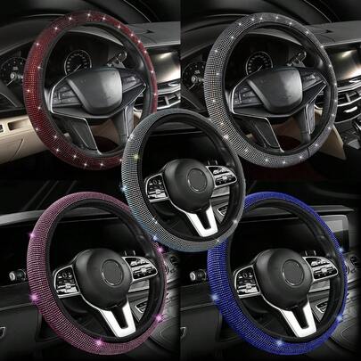 Shiny Car Interior Accessories - Steering Wheel Cover, Seat Belt Shoulder Pads, Armrest Pads, Diamond Cup Holder, Shiny Sunshade, Fashionable Car Interior Decor