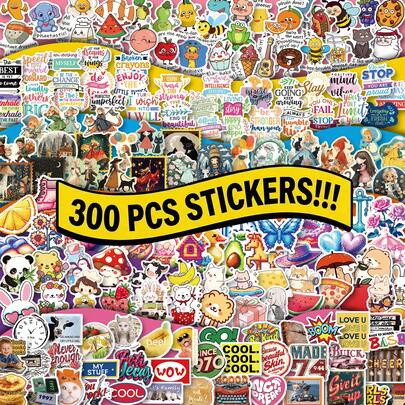 300张装精美混合贴纸套装，复古卡通可爱动物食物贴纸，适合青少年和女性，防水贴纸，可用于装饰手账、滑板和礼品，是装饰日常用品和创意项目的理想之选。