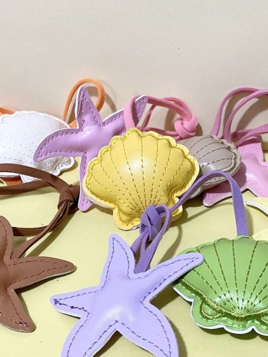 新款夏季海滩系列海星贝壳刺绣皮革吊坠饰品，手工美学设计钥匙扣，钥匙圈饰品，精致小礼物 - 查看 1