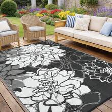 Hodeffior Outdoor Plastic Straw Rug 270x360cm Waterproof Reversible Floral Pattern Patio Carpet, Foldable Portable Outdoor Rug With Bag And 4 Stakes, UV Resistant Area Mat For Deck, Balcony, Camping, Picnic, RV - Black - View 1