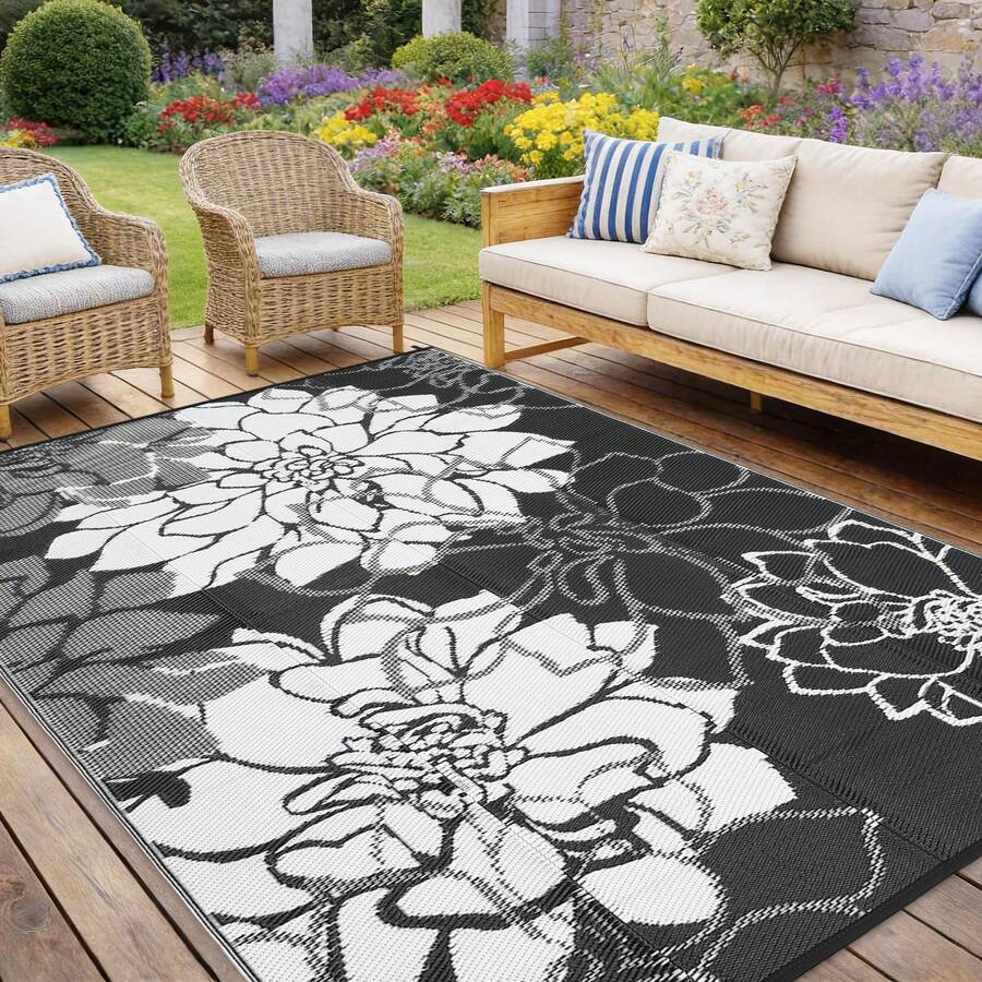 Hodeffior Outdoor Plastic Straw Rug 270x360cm Waterproof Reversible Floral Pattern Patio Carpet, Foldable Portable Outdoor Rug With Bag And 4 Stakes, UV Resistant Area Mat For Deck, Balcony, Camping, Picnic, RV - Black - View 1