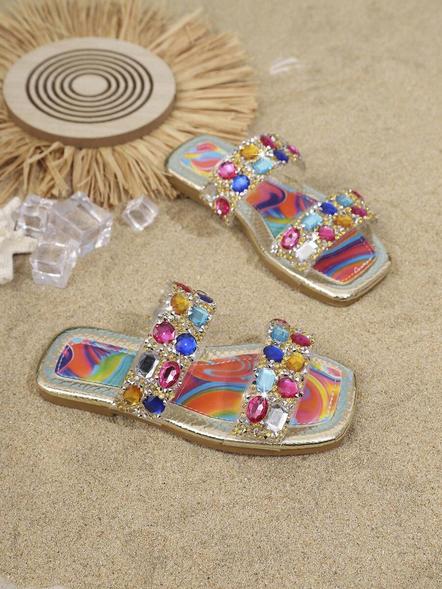 Kids Fashion Slippers, New Square Toe Rhinestone Design Shiny Girls Summer Beach Slippers - Multicolor - View 1