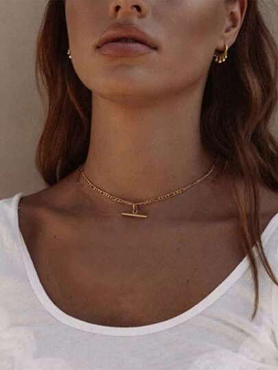 Stainless Steel Waterproof Non-Fading Vintage Punk Geometric T-Shape Pendant Necklace, Figaro Chain Choker Suitable For Women's Daily Wear